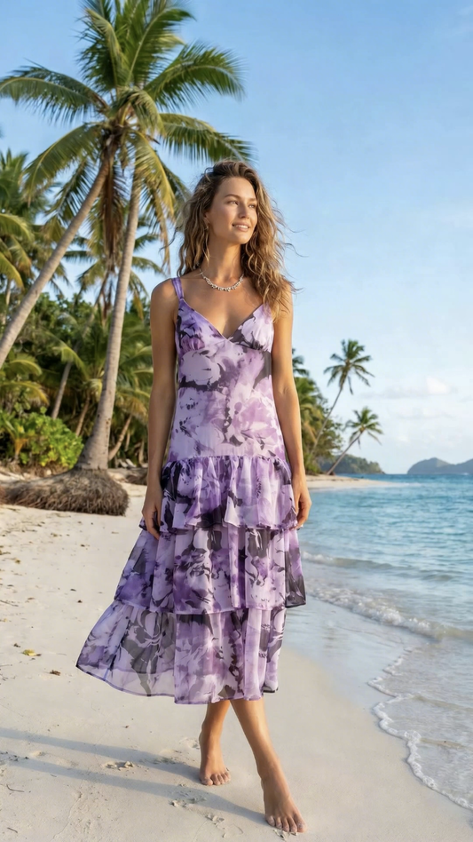 Chrystal Sloane Lilac and Purple Silk Floral 3 tier sundress.