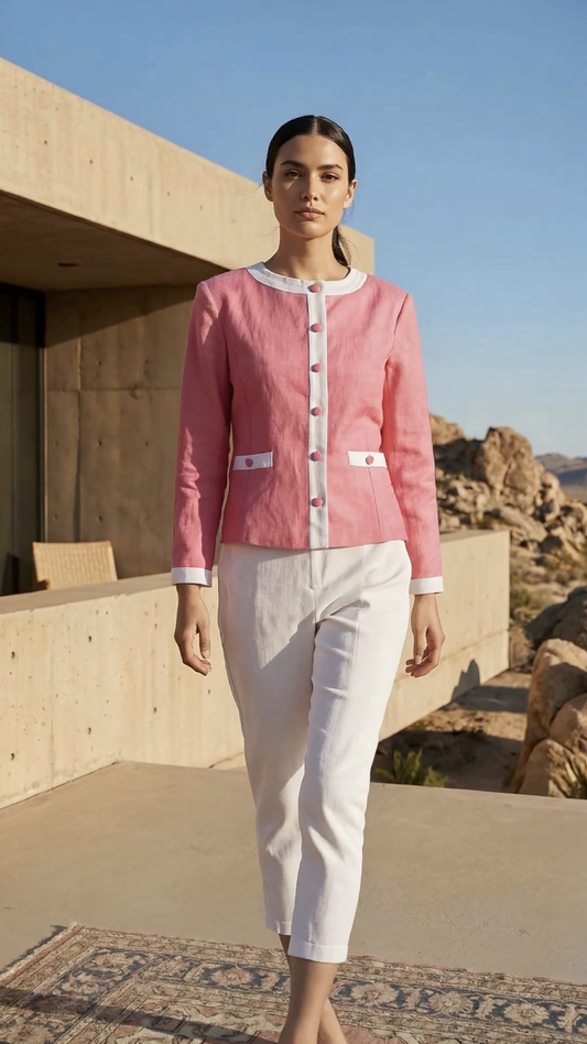Chrystal Sloane New Season Guava Pink Linen ( Chanel inspired ) Jacket with hidden zip front.