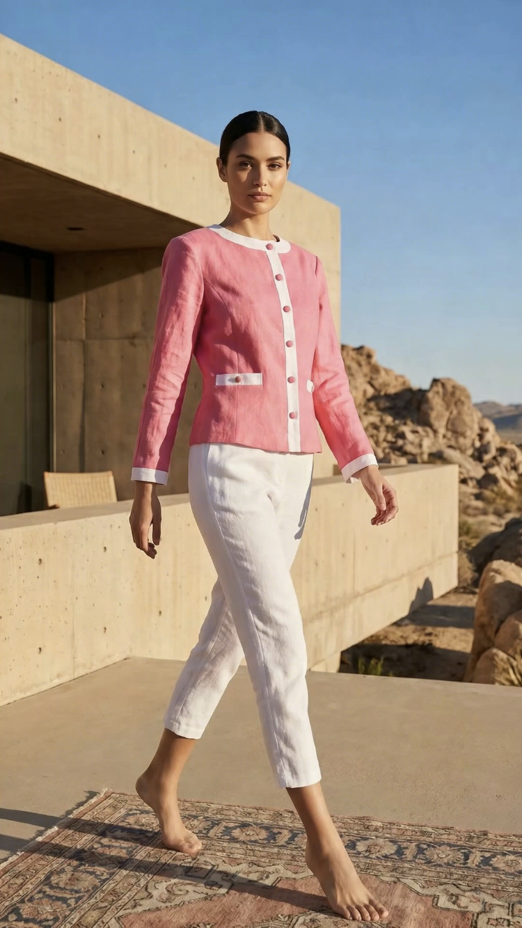 Chrystal Sloane New Season Guava Pink Linen ( Chanel inspired ) Jacket with hidden zip front.