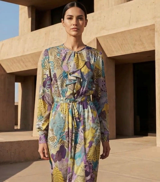 Chrystal Sloane Couture Liberty Print Silk Blouse with ruffle front.