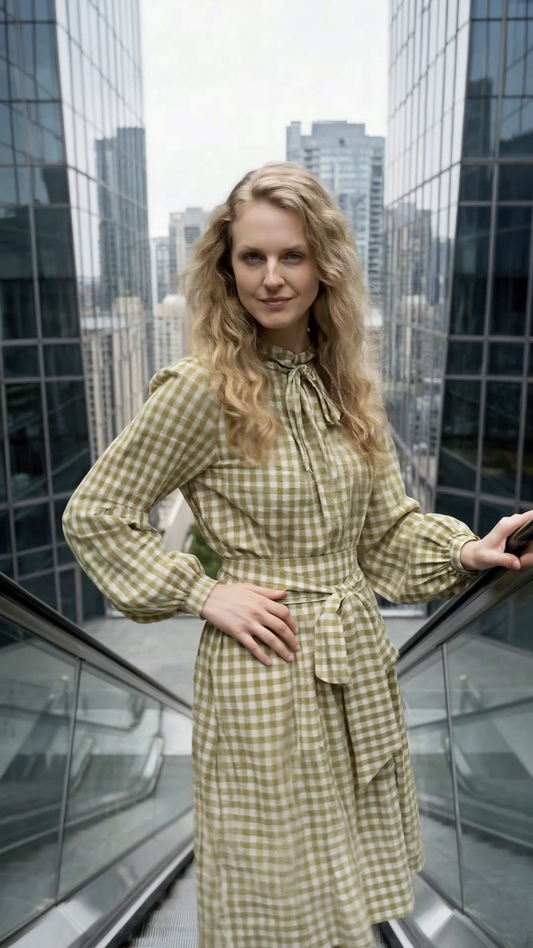 Chrystal Sloane Sage Green and Cream Check Linen Dress.