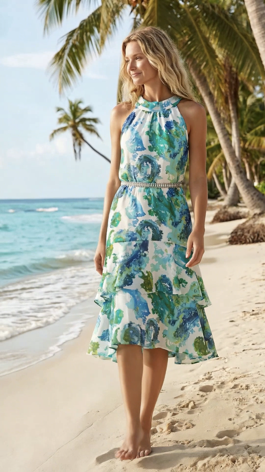Chrystal Sloane Spring Aqua/Jade Silk De Chine Floral Dress with Roll Collar.