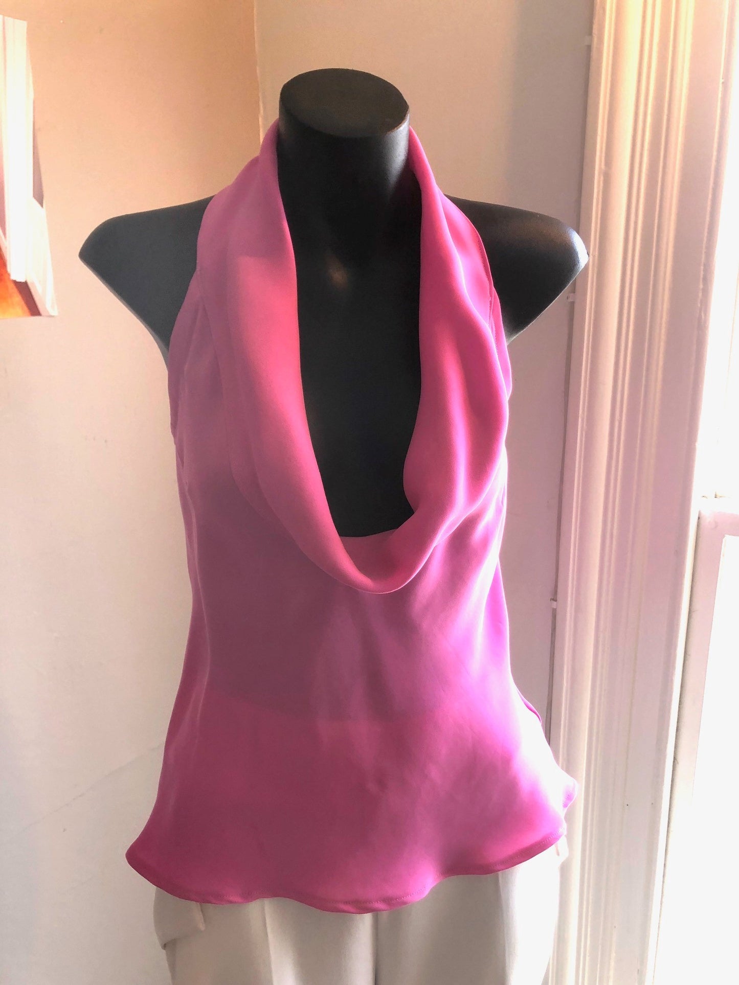 Chrystal Sloane Couture Fuchsia pink Sandwash Silk Drape Neck Halter Top