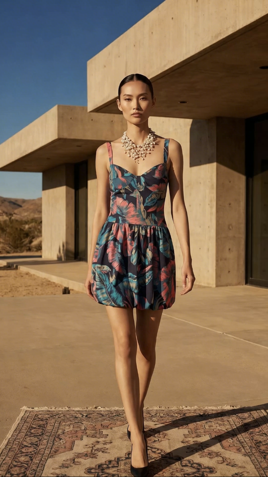 Chrystal Sloane Couture Leaf Print Bubble Sundress with Corser Style Bodice