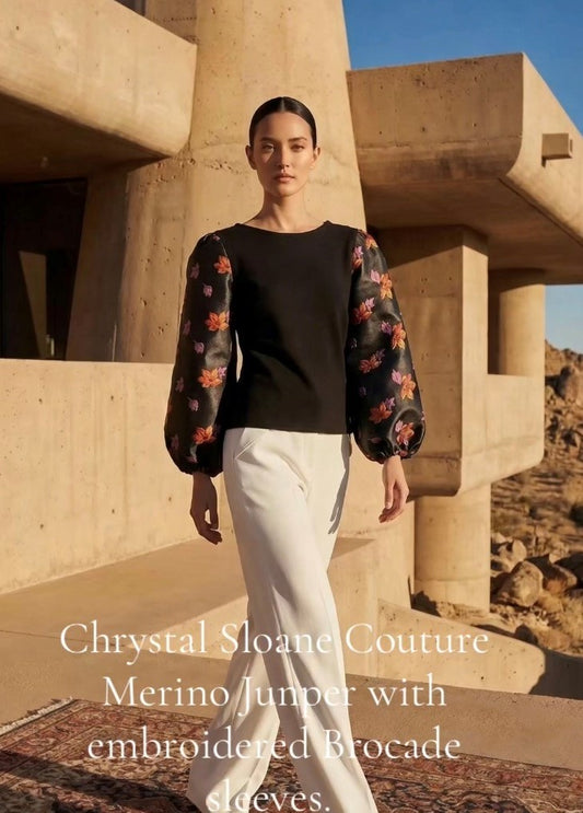 Chrystal Sloane Couture Merino Jumper with Embroidered Brocade Sleeves