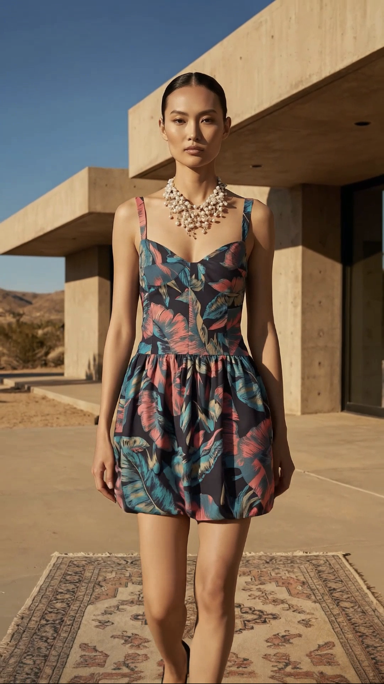 Chrystal Sloane Couture Leaf Print Bubble Sundress with Corser Style Bodice