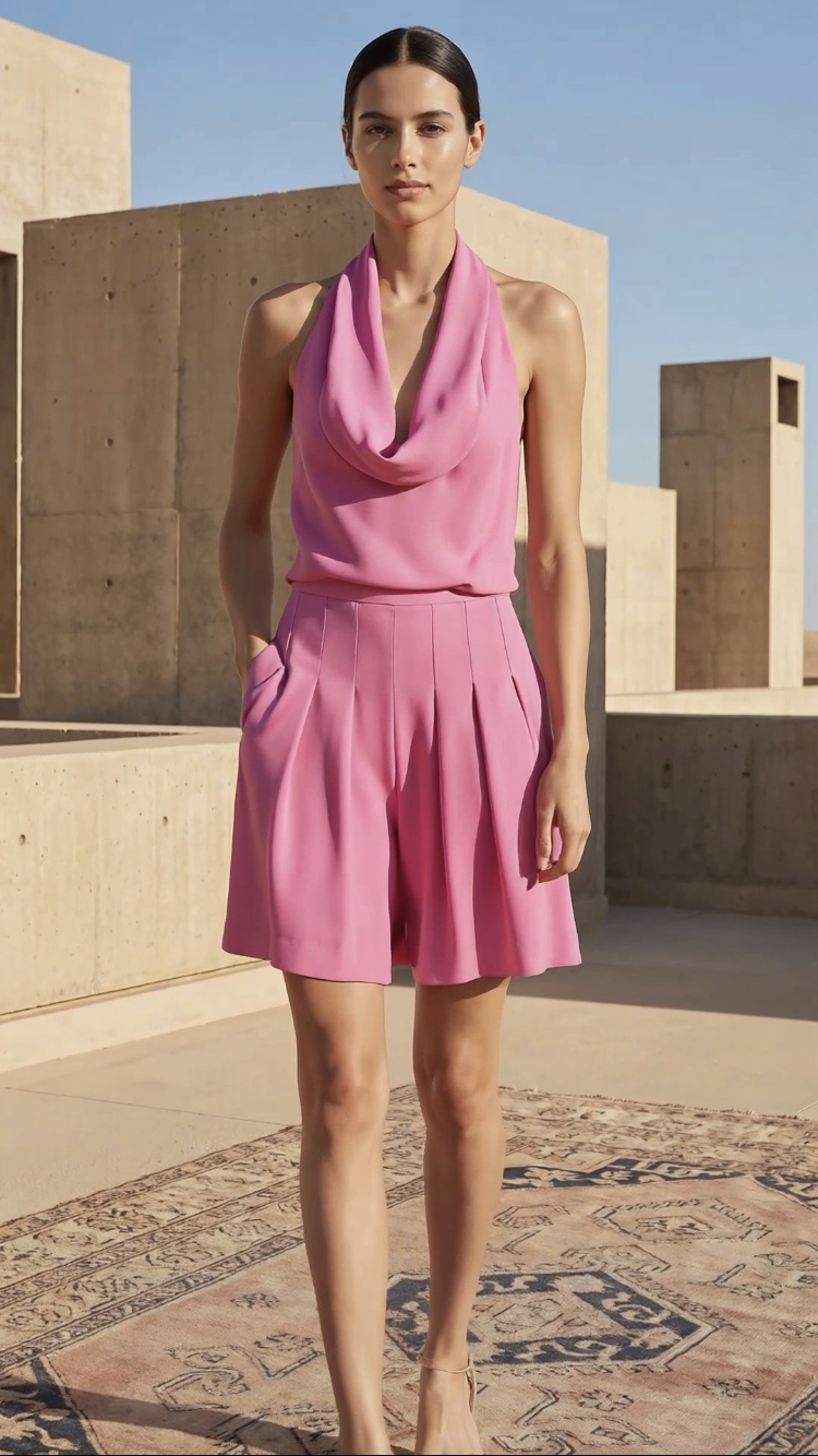 Chrystal Sloane Couture Fuchsia pink Sandwash Silk Drape Neck Halter Top
