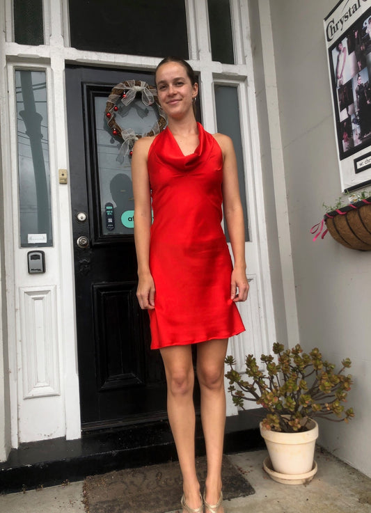 Chrystal Sloane Spanish Red Silky Satin Bias Cut Halter Neck Dress