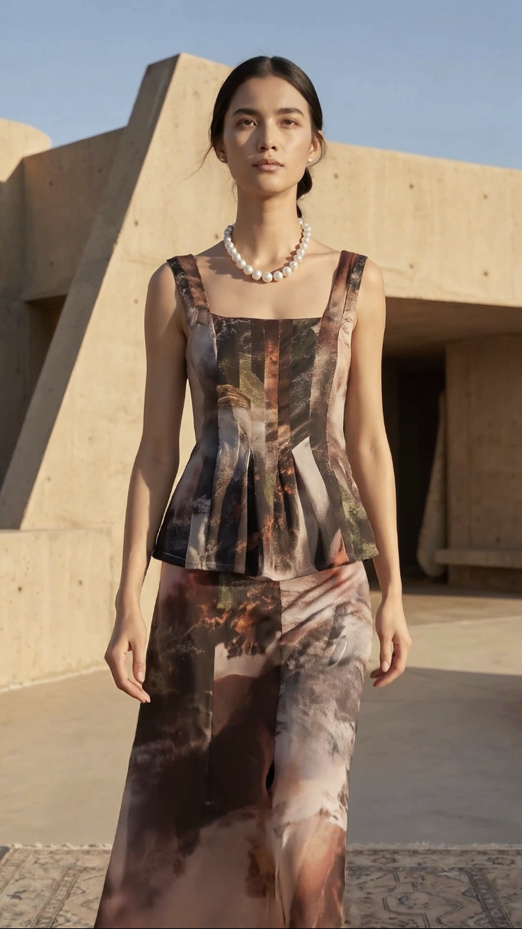 Chrystal Sloane Couture  Watercolour Print Chiffon skirt with flowing panels