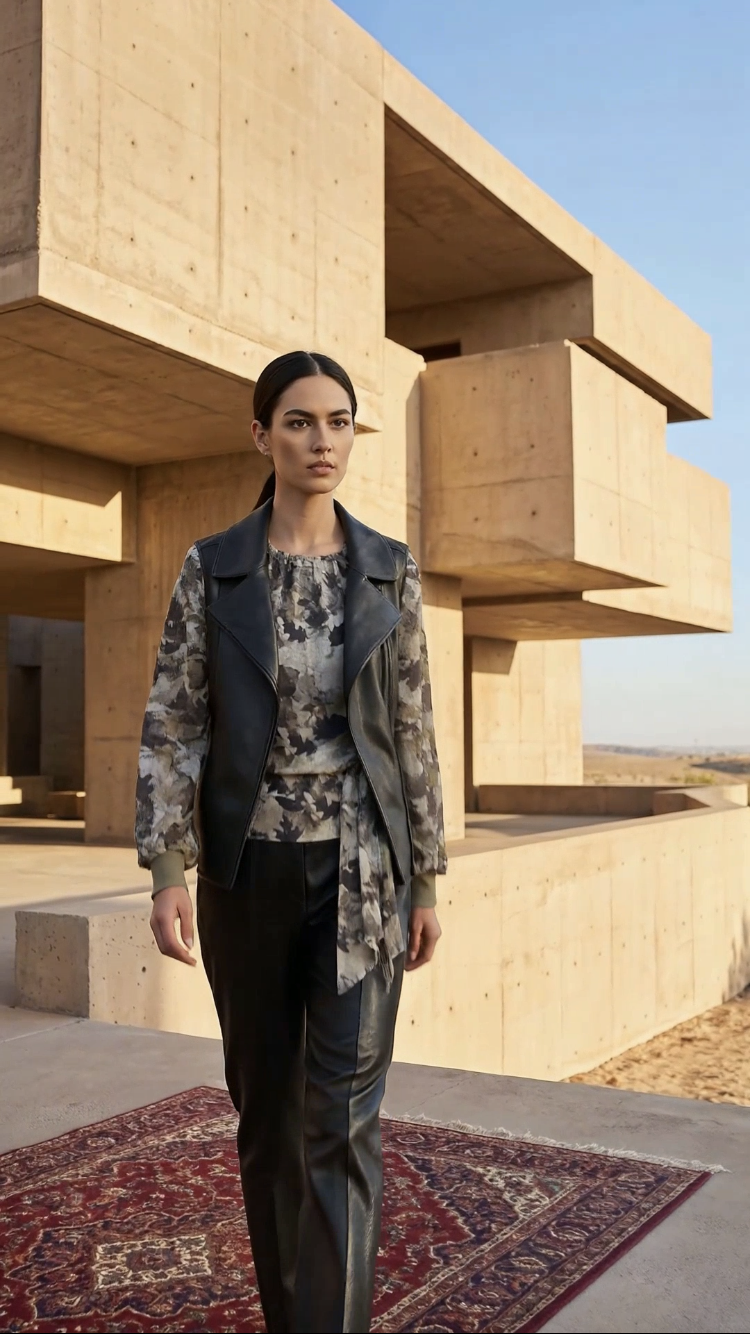 Chrystal Sloane Liquid Liquorice Cotton Twill Jacket with Leaf Print Silk Sleeves