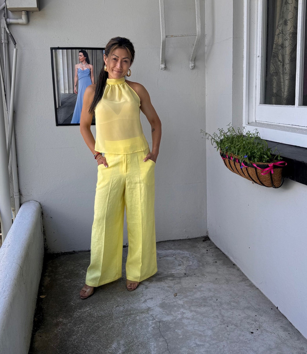 ALL NEW SEASON CHRYSTAL SLOANE LEMON CHIFFON CUT AWAY TOP.