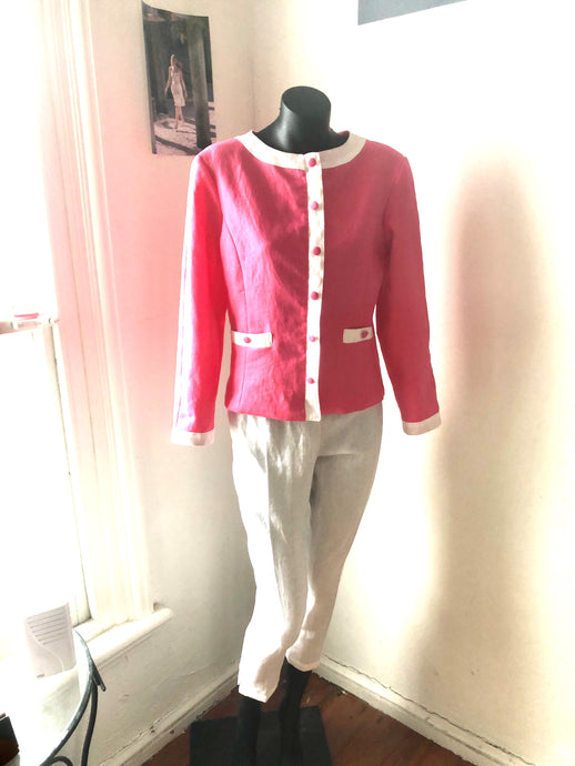 Chrystal Sloane New Season Guava Pink Linen ( Chanel inspired ) Jacket with hidden zip front.