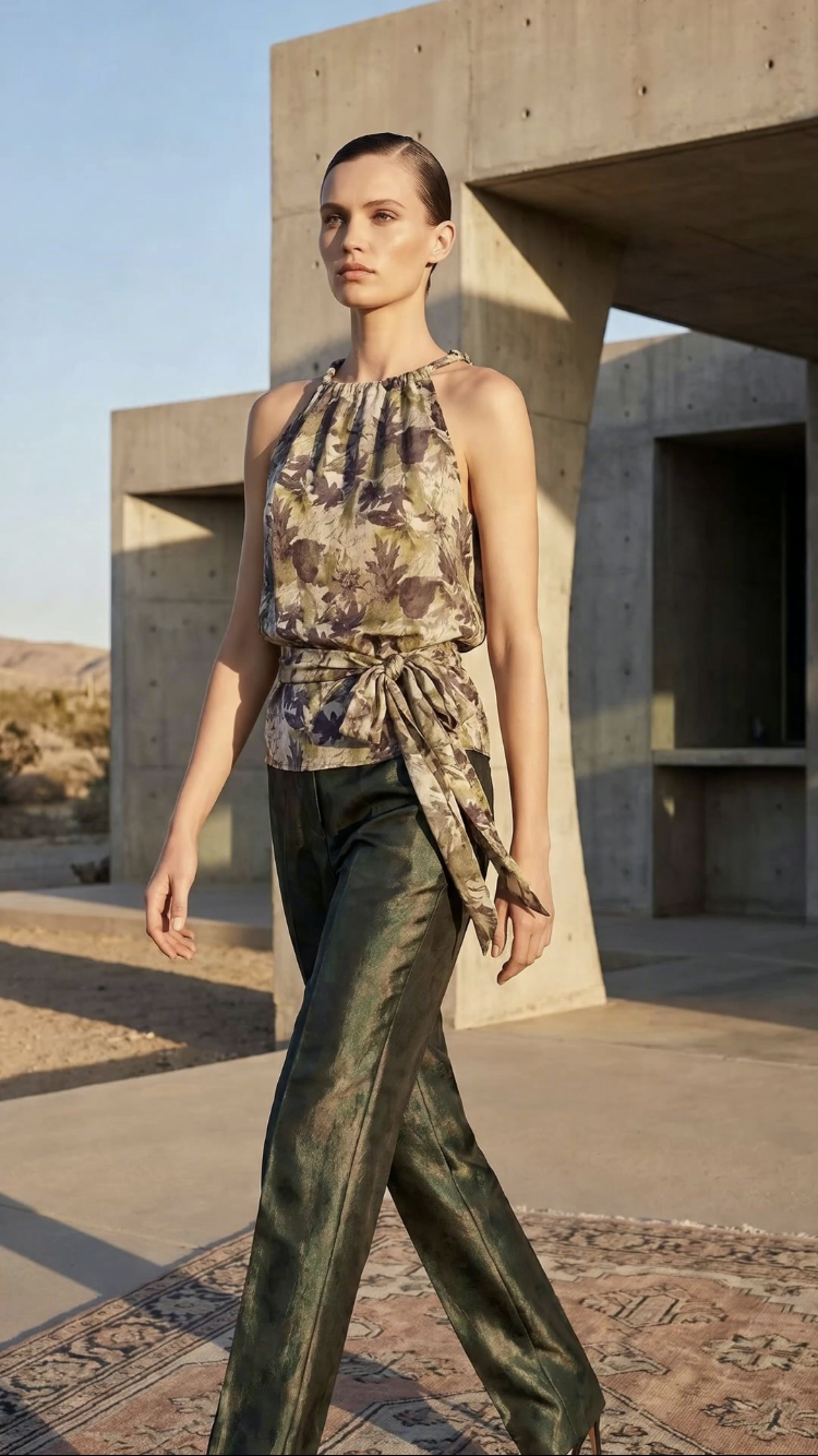 Chrystal Sloane Leaf print silk drawstring top
