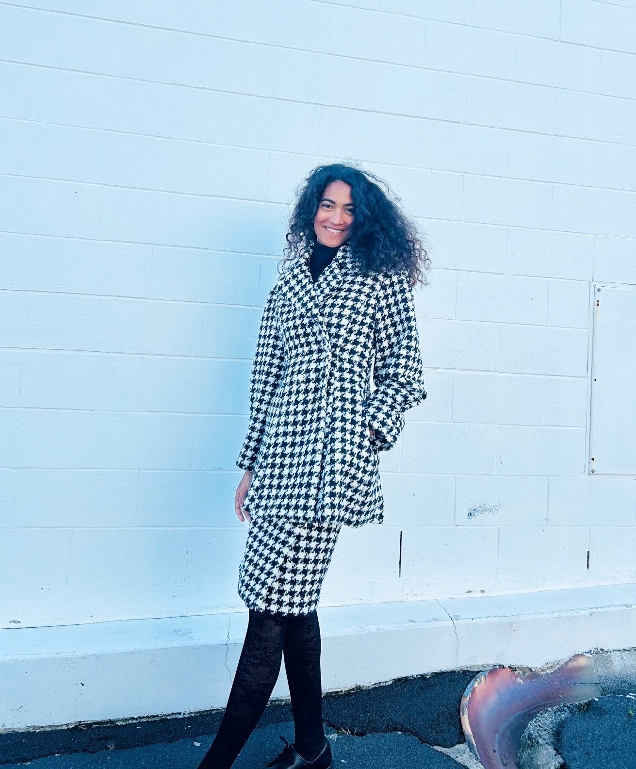 Chrystal Sloane Couture Black & Cream Herringbone Double Breasted Coat