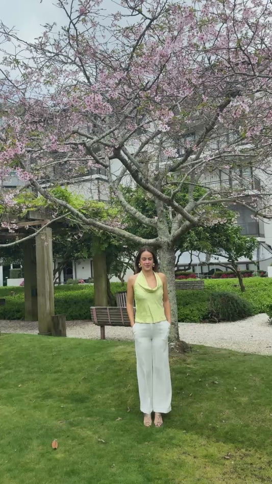 Chrystal Sloane Couture Apple Green Crinkle Satin Drape Neck Halter top