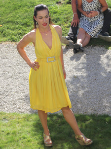 Chrystal Sloane Marilyn Halter Neck Dress in Yellow Silk Lycra.
