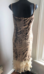 Chrystal Sloane Bronze Velvet Stretch Cocktail Dress with 2 tier flounces 2023.