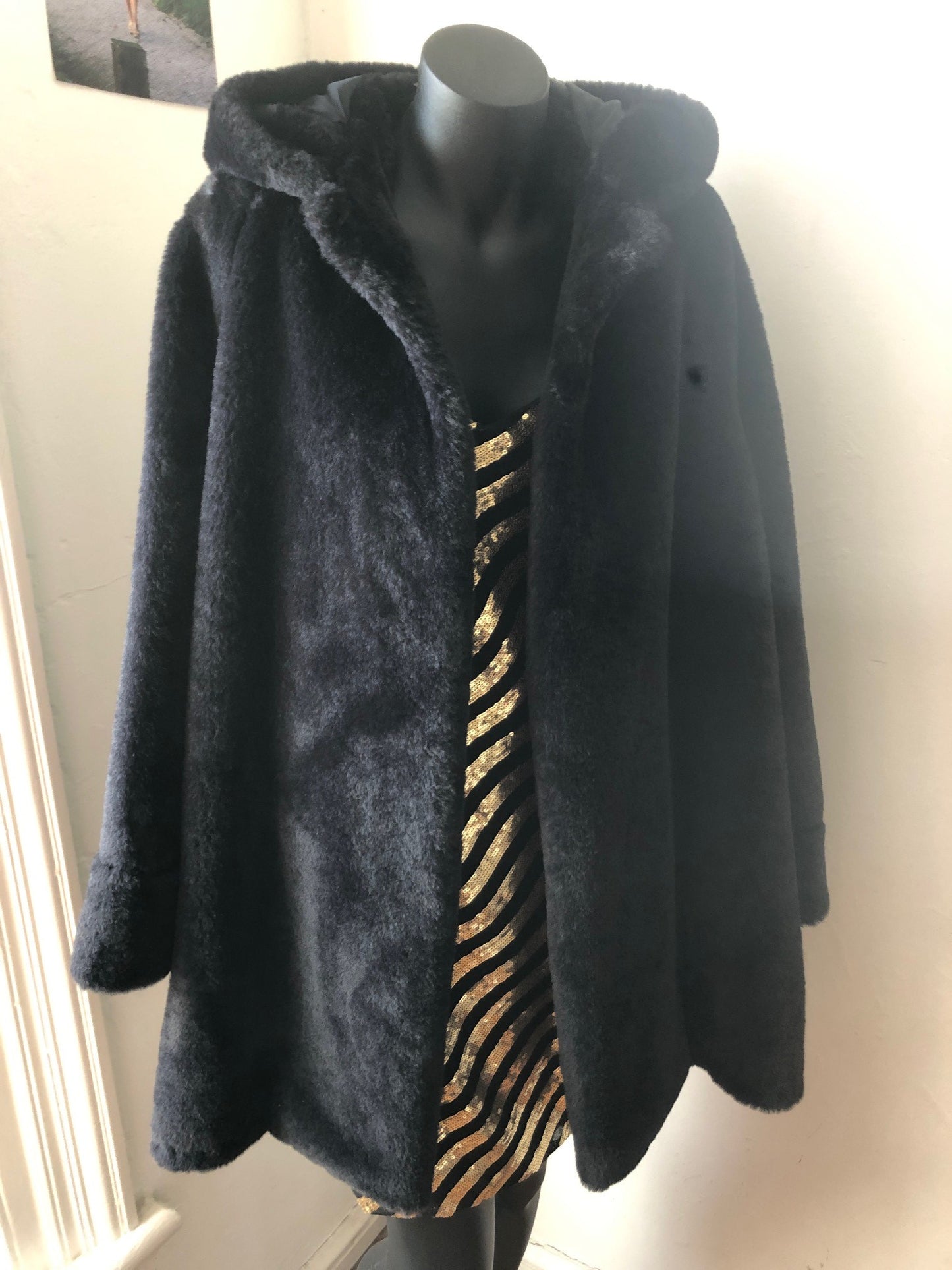 Chrystal Sloane Couture Black 3/4 Length Faux Fur Swing Coat with Hood.