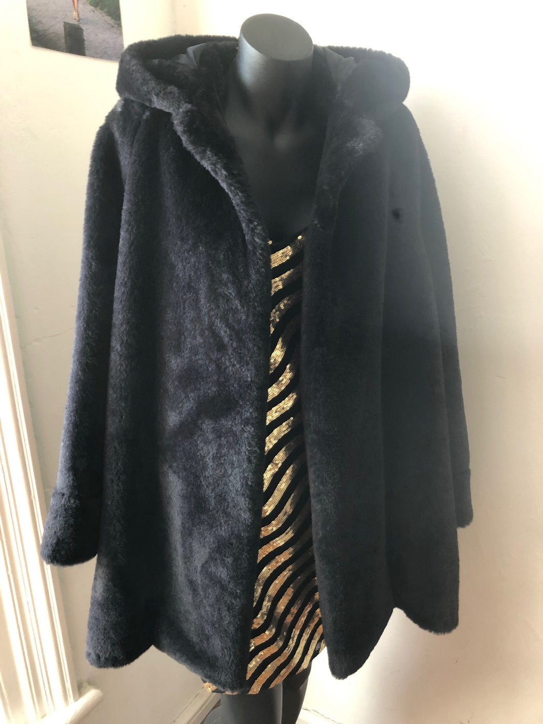 Chrystal Sloane Winter 2022 Black 3/4 Length Faux Fur Swing Coat with Hood.