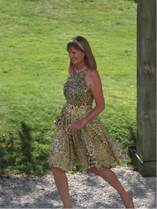 Chrystal Sloane Summer Champagne & Turquoise Leopard Print Silk Dress with Self Belt & Headband.