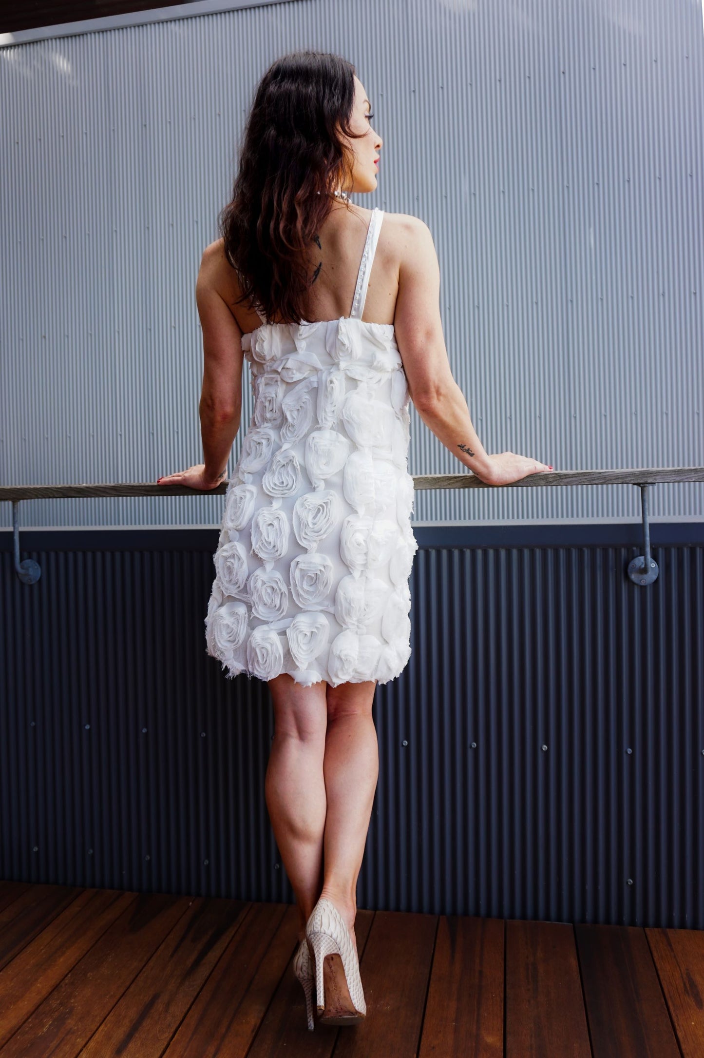 Chrystal Sloane Off White Appliqued Roses Cocktail Dress.