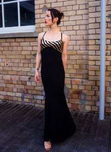 Chrystal Sloane Couture Gold and Black Sequined Evening Gown.