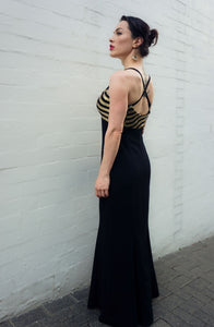 Chrystal Sloane Couture Gold and Black Sequined Evening Gown.