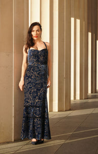 Chrystal Sloane Couture Ming Blue Voire Velvet Gown.