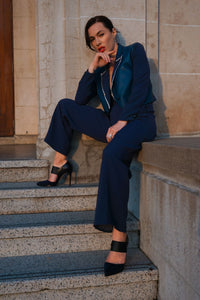 Chrystal Sloane Couture Petrol Blue Soft Leather Tuxedo Jacket and Jumpsuit.