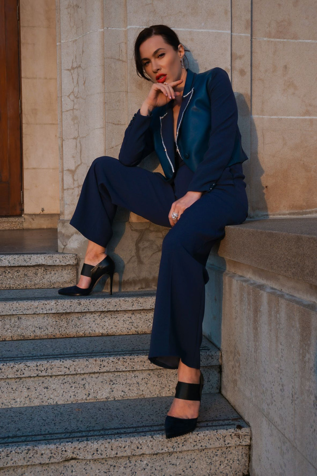Chrystal Sloane Couture Petrol Blue Soft Leather Tuxedo Jacket and Jumpsuit.