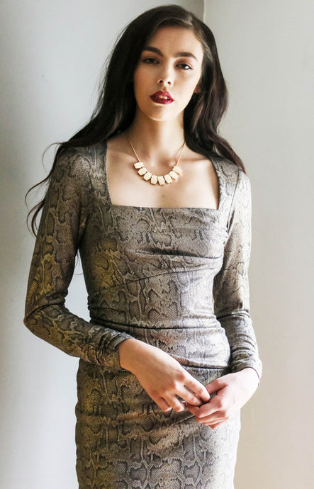 Chrystal Sloane Gold & Bronze Ruched Print Knit Dress