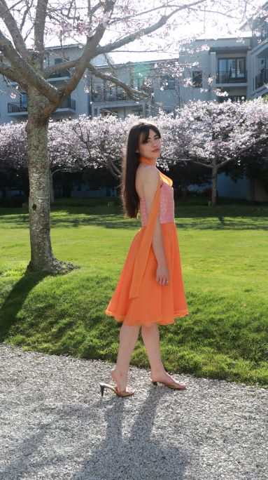 Chrystal Sloane Summer Cocktail Dress in Orange and Pink Brocade with Silk Chiffon Skirt.
