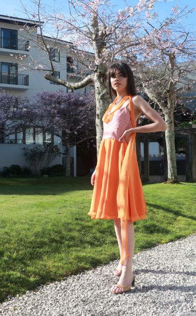 Chrystal Sloane Summer Cocktail Dress in Orange and Pink Brocade with Silk Chiffon Skirt.