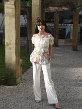 Load image into Gallery viewer, Chrystal Sloane Cream Tissue Silk Off the Shoulder Top with Deep Fuchsia Pink Border.
