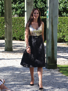 Chrystal Sloane Couture Gold Sequin & Black Taffeta Cocktail Dress.