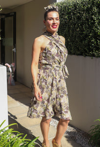 Chrystal Sloane Leaf Print Silk Dress with crossover front.
