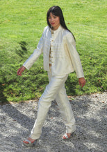 Load image into Gallery viewer, Chrystal Sloane Cream Silk Blend Suit with Gold &amp; Cream Lurex Knit Top.