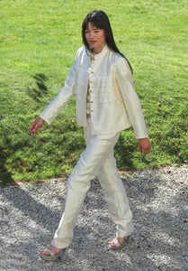 Chrystal Sloane Cream Silk Blend Suit with Gold & Cream Lurex Knit Top.