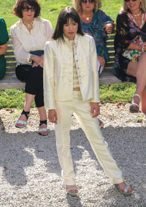 Chrystal Sloane Cream Silk Blend Suit with Gold & Cream Lurex Knit Top.