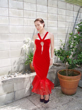 Load image into Gallery viewer, Chrystal Sloane Red Velvet Stretch Evening Gown with Organza Ruffle Hem.