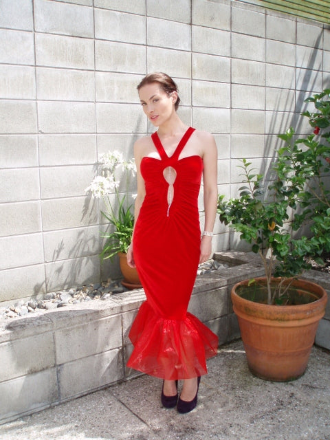 Chrystal Sloane Red Velvet Stretch Evening Gown with Organza Ruffle Hem.